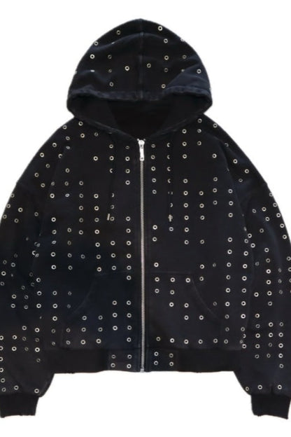 Eyelet Rhinestone Zip-Up Hoodie