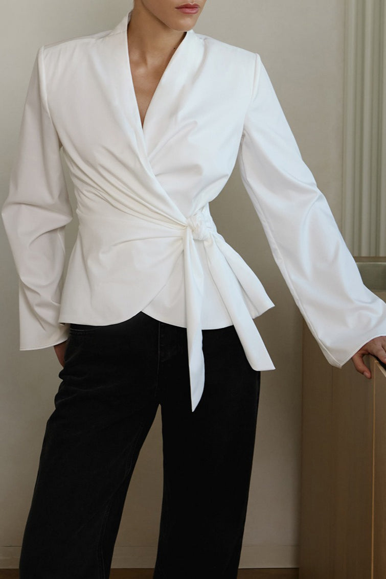 V Neck Asymmetric Tie Blouse