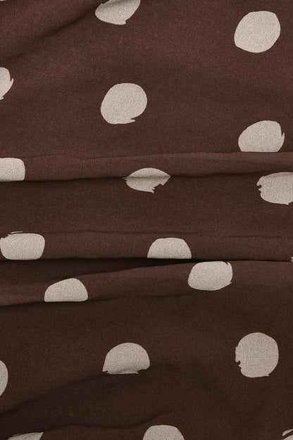 Brown Mock Neck Sleeveless Draped Polka Dot Mini Dress