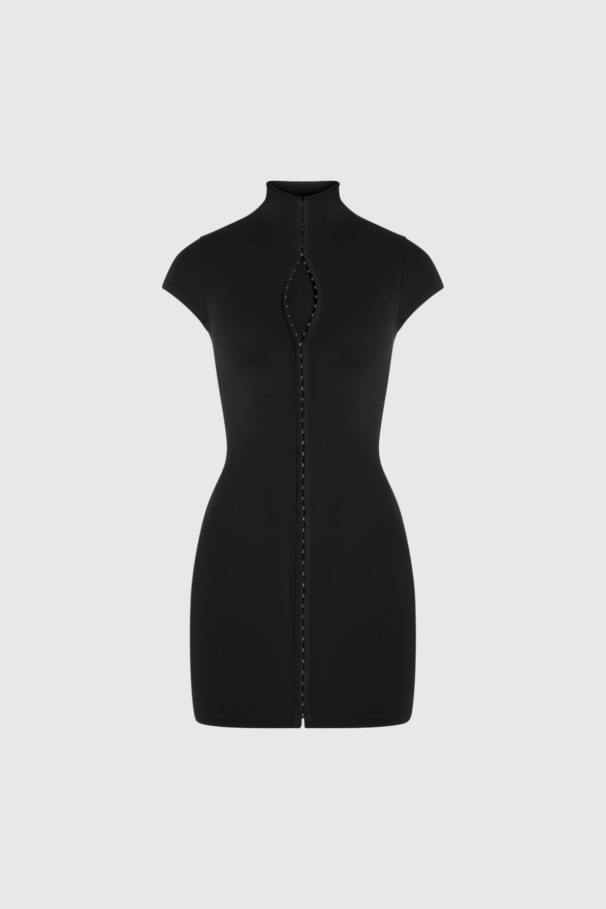 Mock Neck Keyhole Zip Front Cap Sleeve Bodycon Mini Dress