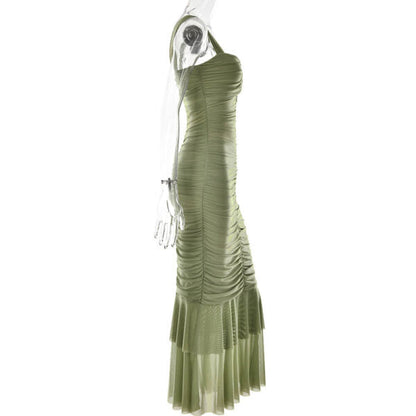 V Neck Ruched Tiered Flounce Mermaid Maxi Dress