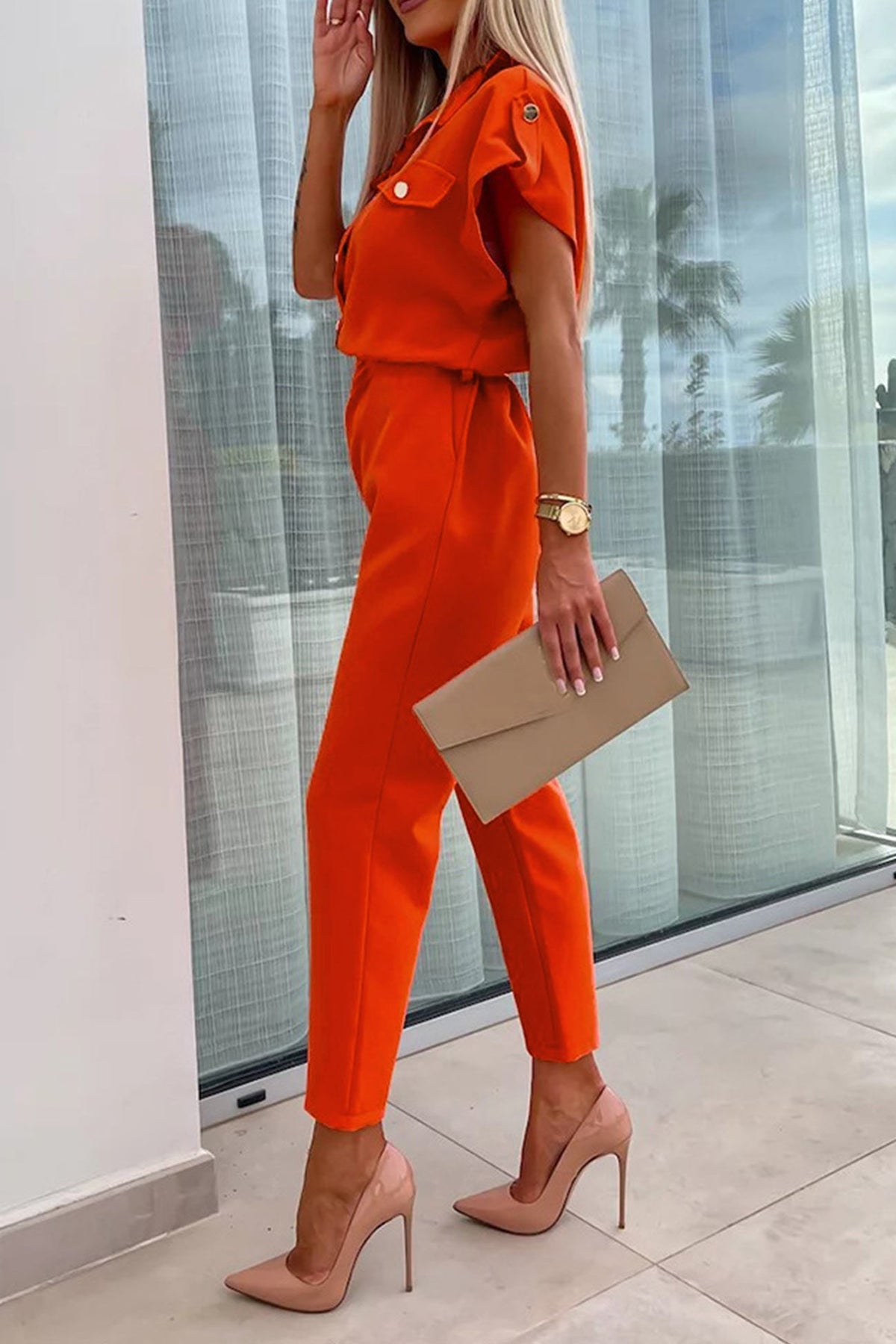 Cap Sleeve High Waist Cargo Jumpsuits