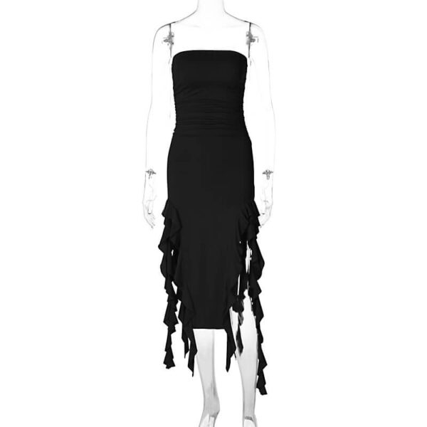 Strapless Ruched Asymmetrical Ruffle Slit Midi Dress
