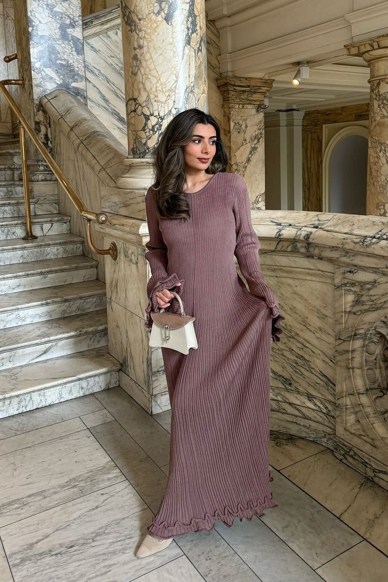 Rib Knit Ruffled Cuff Lettuce Hem Long Sleeve Maxi Dress