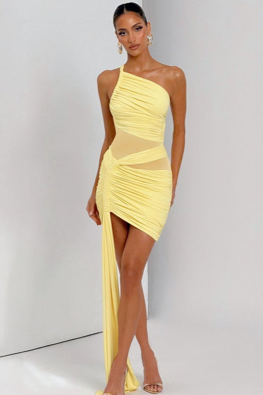 Sheer Mesh One Shoulder Ruched Wrap Dress