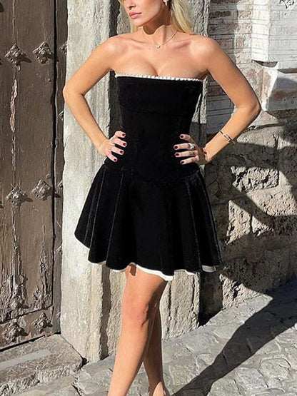 Strapless Pearl Trim Velvet Pleated Skater Mini Dress