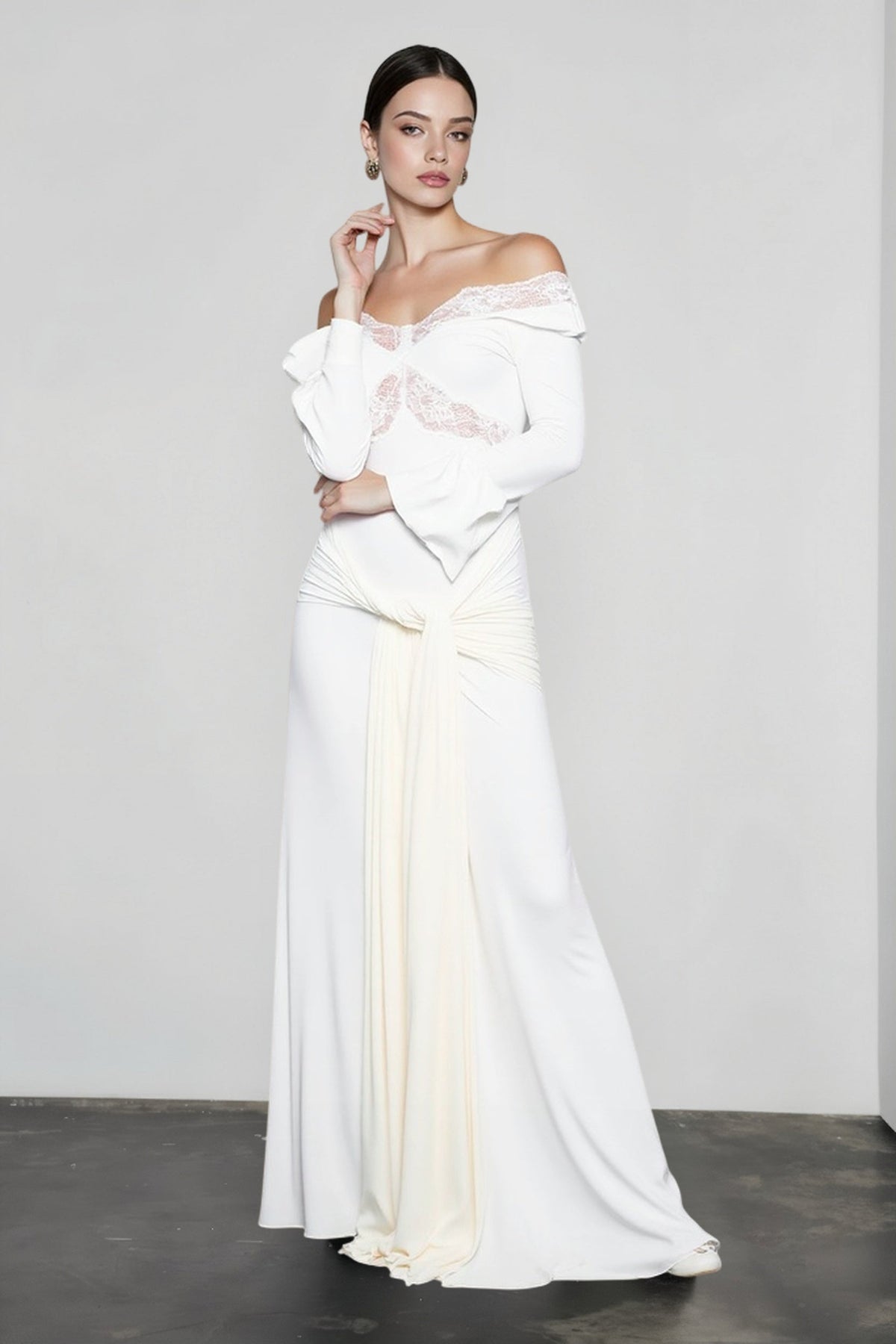 Off-Shoulder Lace Neckline Butterfly Lace Bodice Ruffle Cuff Maxi Dress