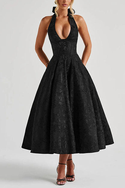 Halter V Neck Waisted Jacquard Swing Midi Party Dress