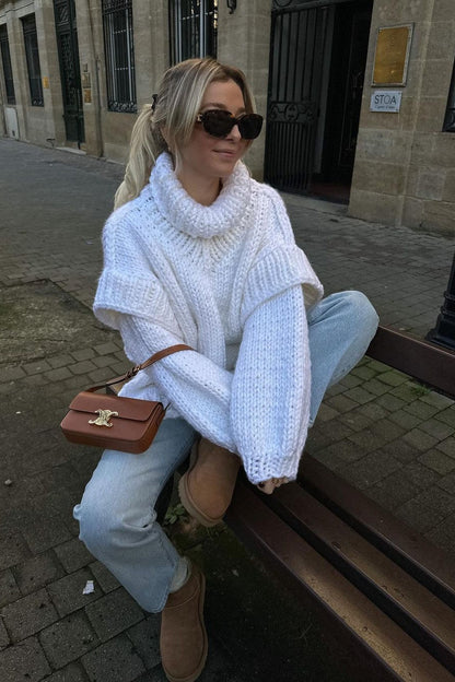 Solid Patchwork Chunky Fluffy Turtleneck Sweater