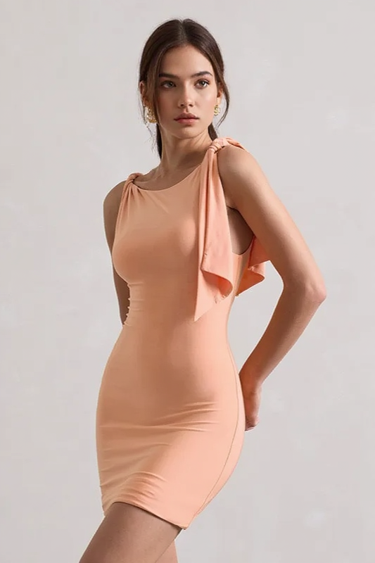 Boat Neck Knot Shoulder Drape Panel Bodycon Mini Dress