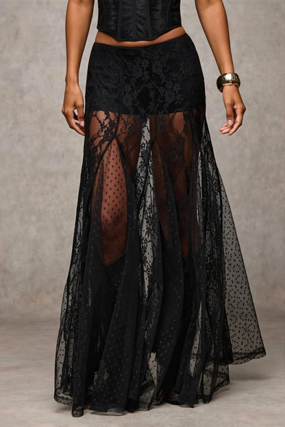 Lace Trim Low Waist Bodycon Maxi Skirt