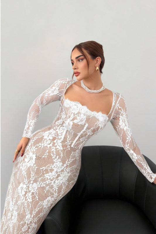 Elegant Lace Square Neck Long Sleeve Bodycon Dress