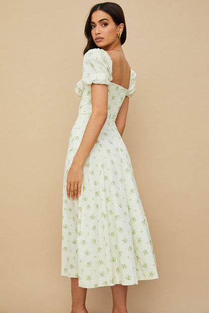 Puff Sleeve Wrap Slit Maxi Floral Dress