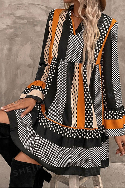 Patchwork Polka Dot Striped Bell Sleeve Tiered Mini Dress