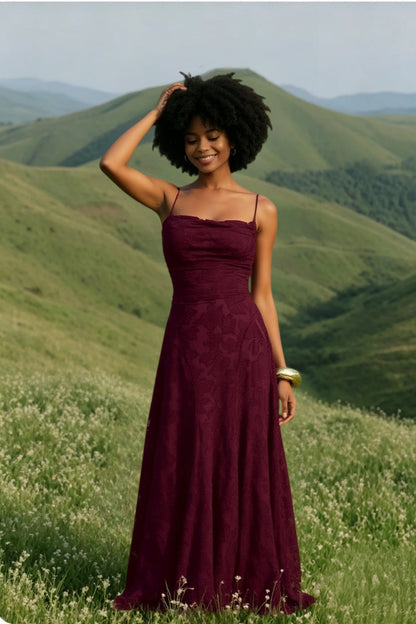 Spaghetti Strap Square Neck Floral Lace A-Line Floor Length Gown