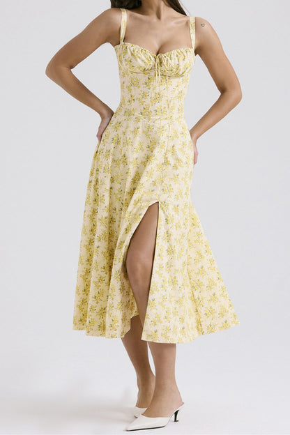 Wide Strap Sweetheart Ruched Bust Toile Floral Print A-Line Midi Dress