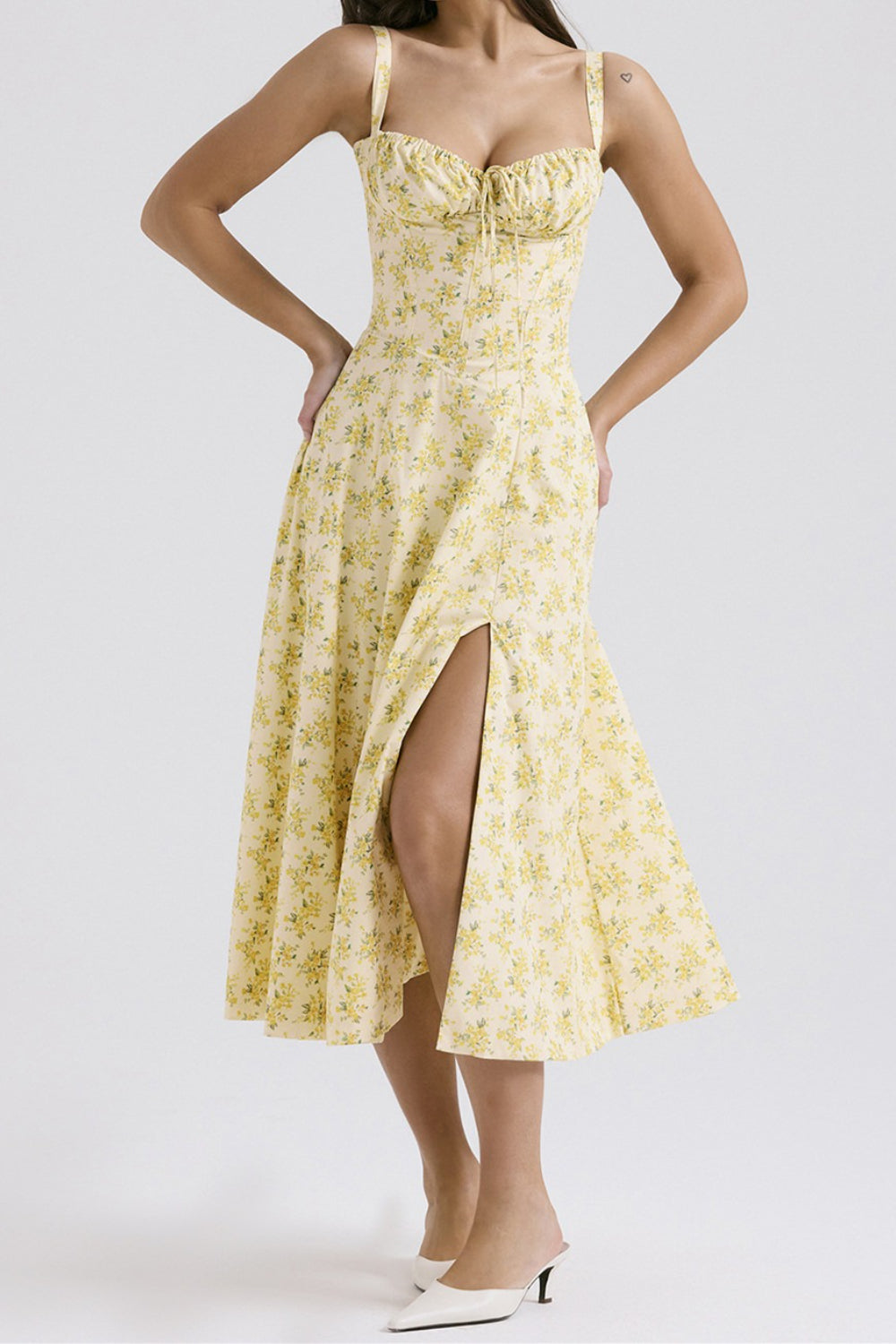 Floral Print Sweetheart Corset Bodice Wide Strap Fit and Flare Midi Dress