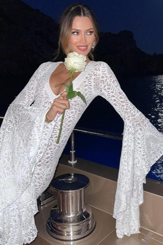 Deep V-Neck Lace Bell Sleeve Bodycon Mini Dress