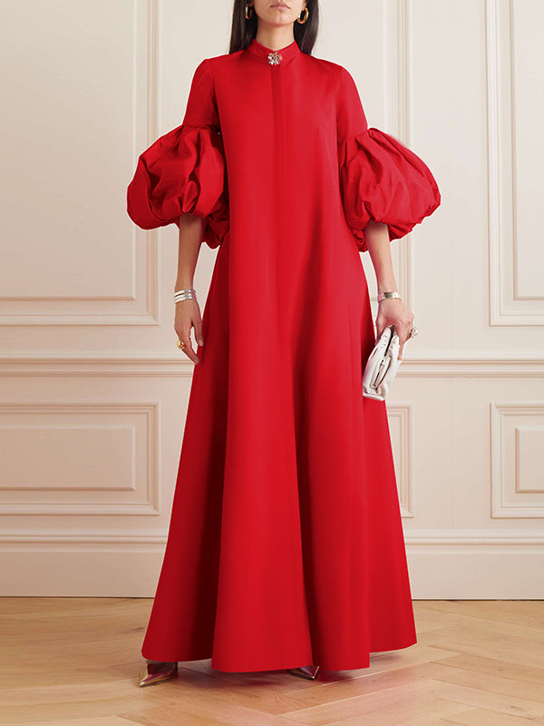 Mandarin Collar Jeweled Brooch Balloon Sleeve Concealed Placket Gown