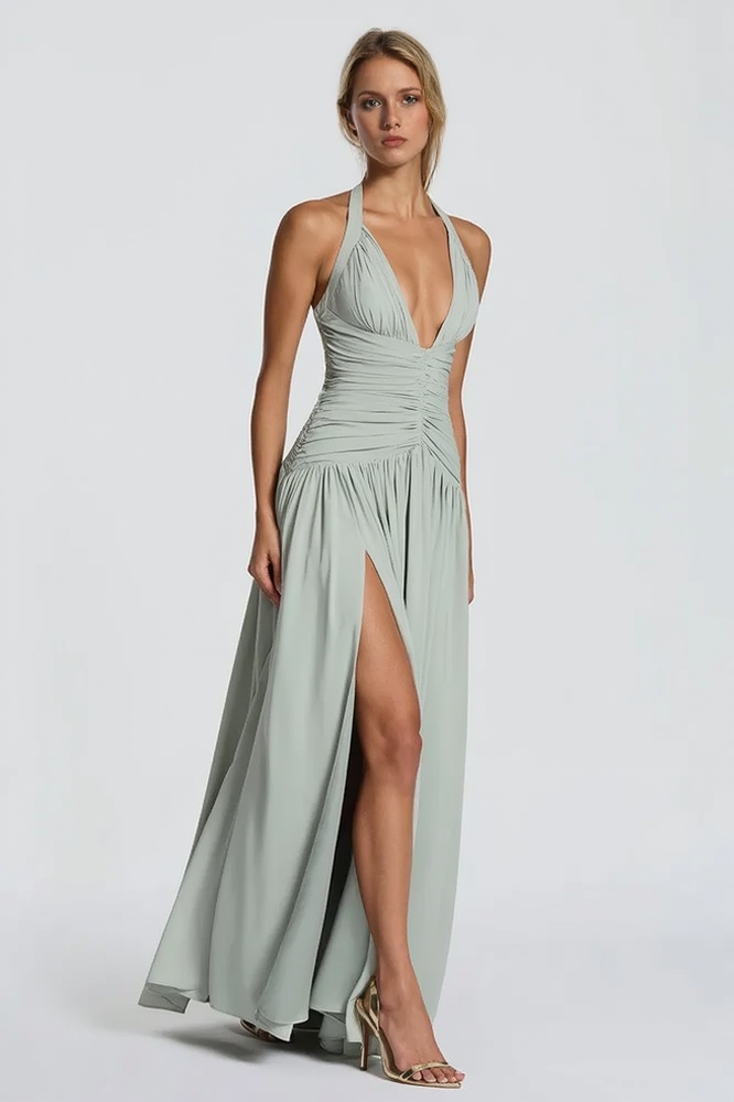 Halter Deep V Neck Ruched Bodice High Slit Maxi Gown