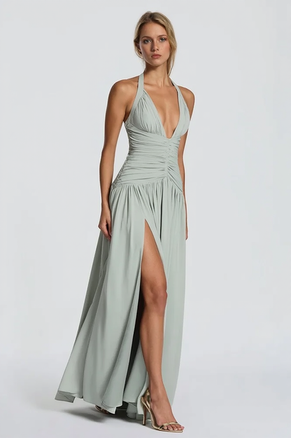 Halter Deep V Neck Ruched Bodice High Slit Maxi Gown