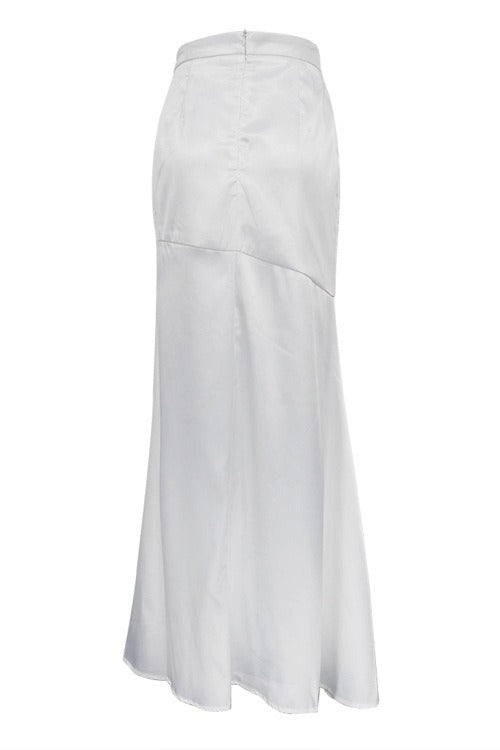 White Satin Slit Fishtail Maxi Skirt