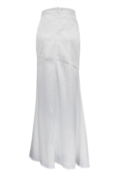 White Satin Slit Fishtail Maxi Skirt