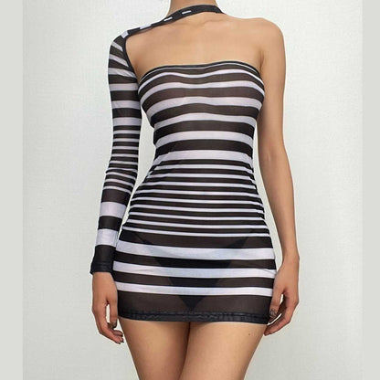 One-Shoulder Long Sleeve Choker Cutout Striped Sheer Mesh Bodycon Mini Dress