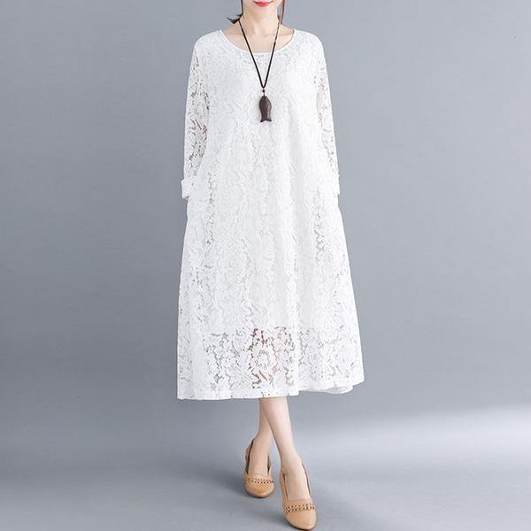 Round Neck Three Quarter Sleeve Floral Lace Overlay Shift Midi Dress