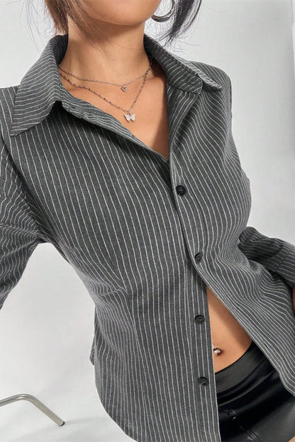Button Striped Long Sleeve Shirt Cardigan Blouse