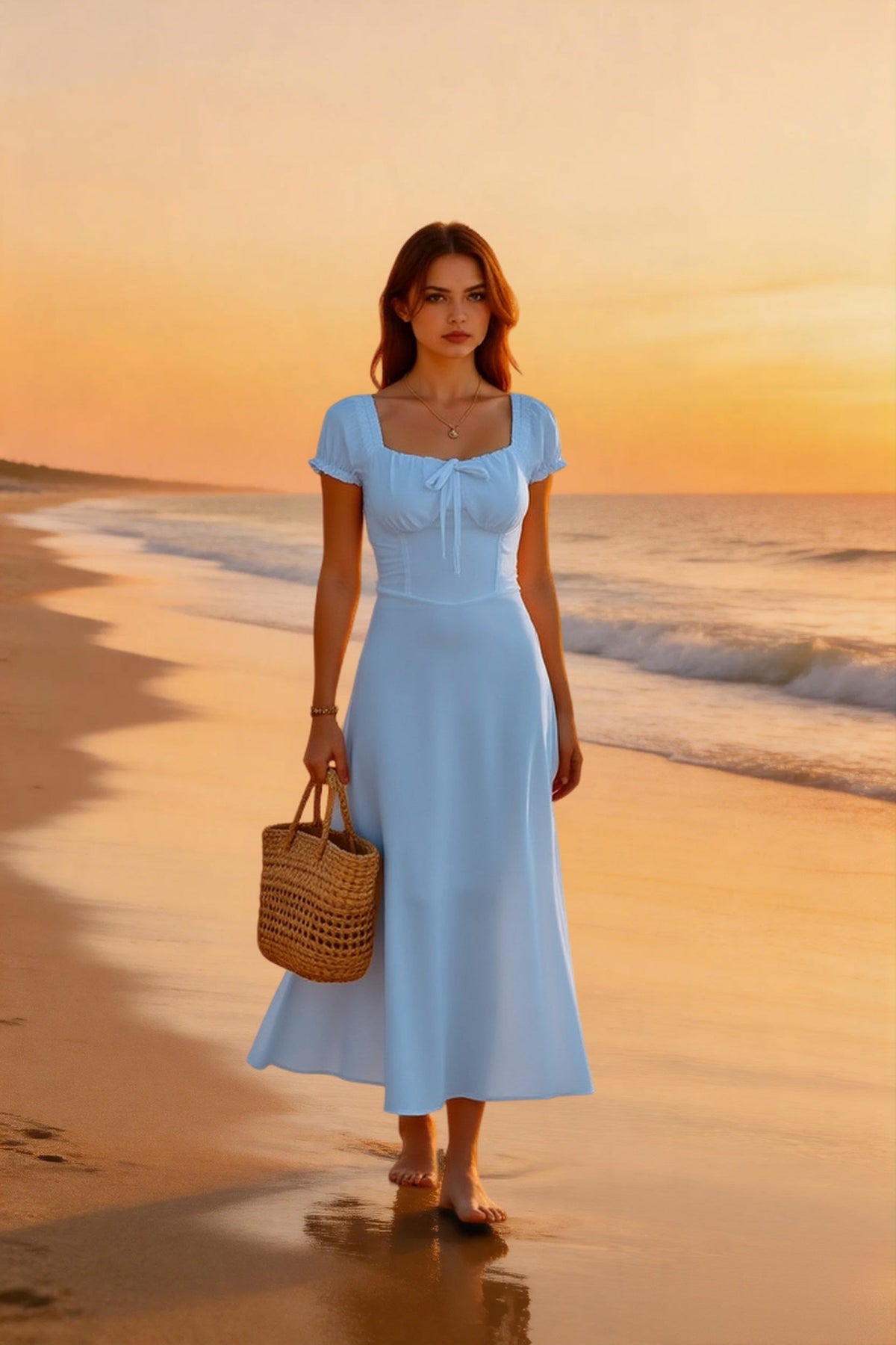 Sweetheart Tie Front Puff Sleeve Fit and Flare Midi Dress