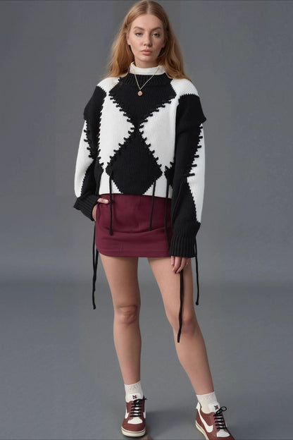 Rope Tie Color Block Knit Sweater