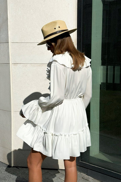 V-Neck Lace-Up Ruffle Trim Balloon Sleeve Mini Dress