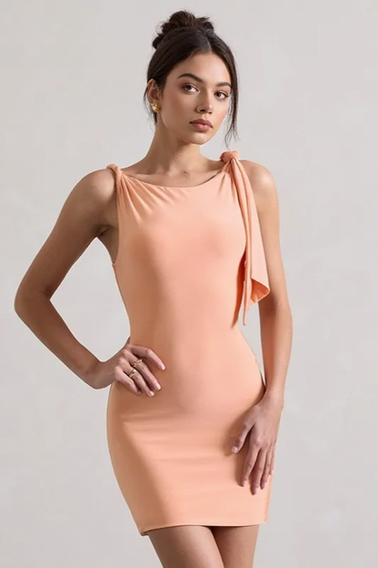 Boat Neck Knot Shoulder Drape Panel Bodycon Mini Dress