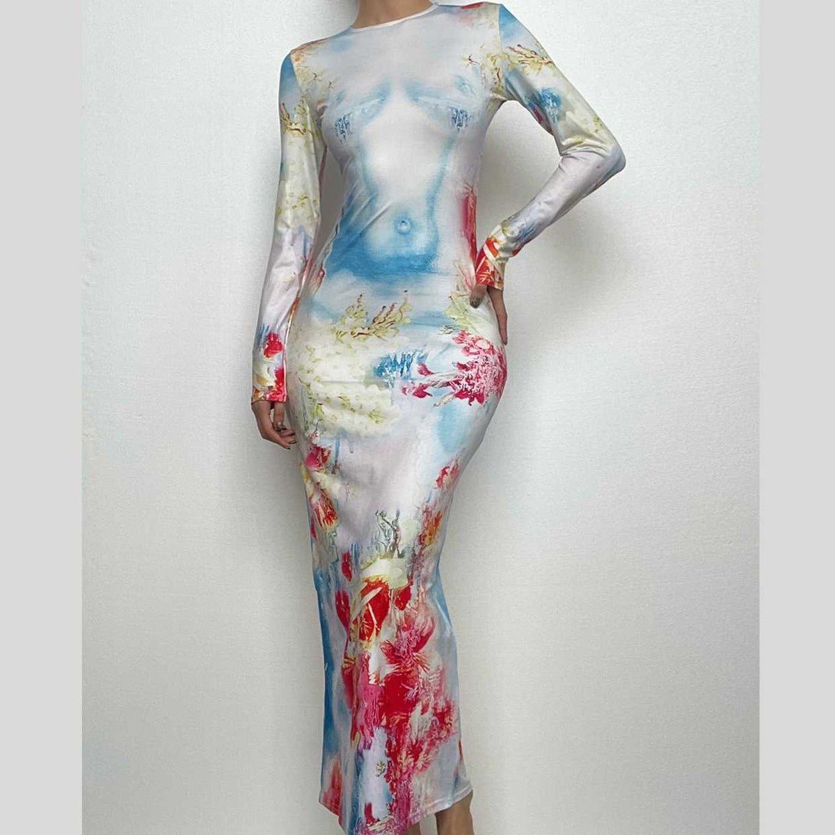 Crew Neck Trompe L Oeil Anatomical Torso Abstract Floral Maxi Dress