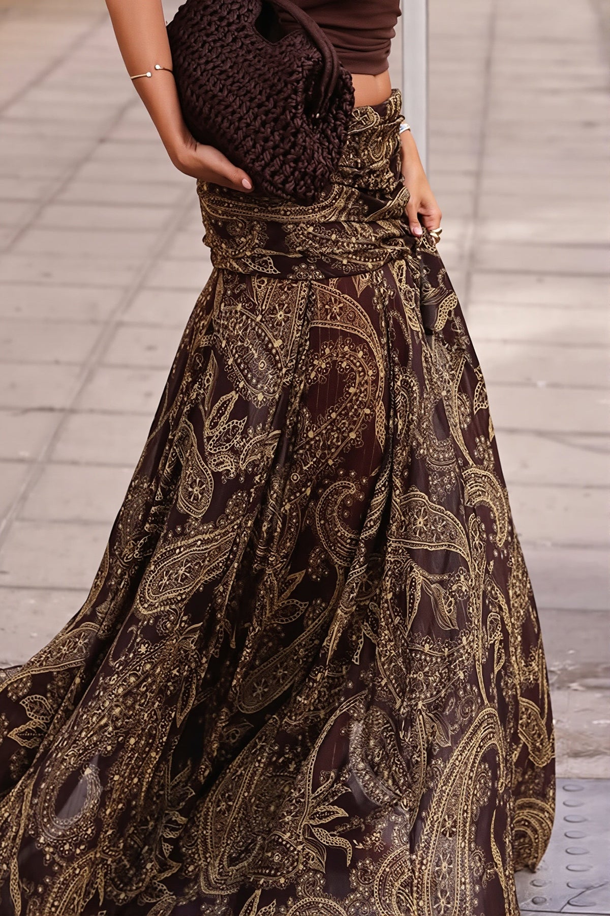 Boho Brown Paisley Print Maxi Skirt