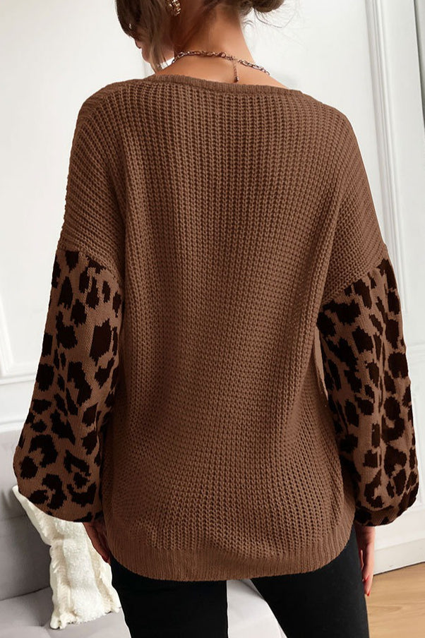 Slouchy Leopard Splice Knit Sweater