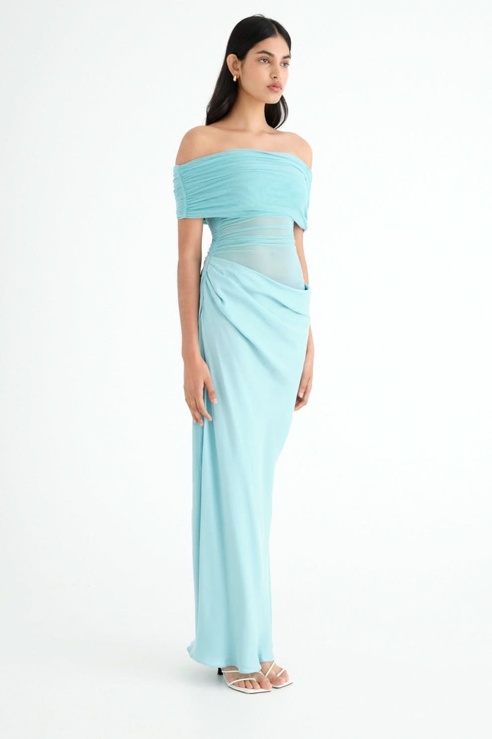 Off Shoulder Sheer Ruched Panel Draped Waist Maxi Gown