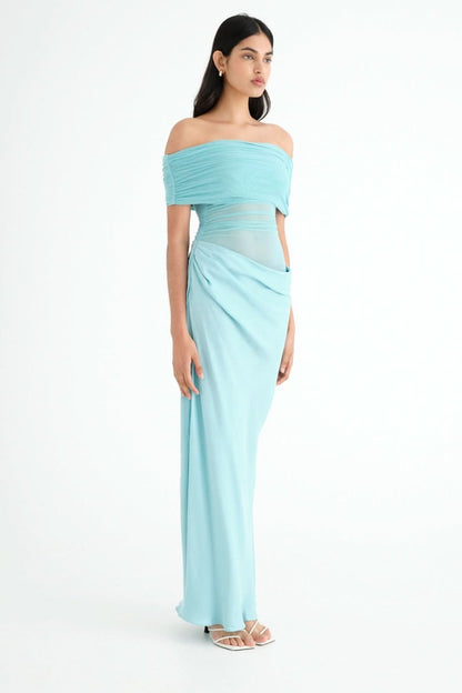 Off Shoulder Sheer Ruched Panel Draped Waist Maxi Gown