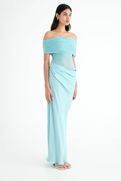 Off Shoulder Ruched Mesh Waist Panel Draped Overlay Maxi Gown