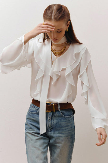 V Neck Ruffle Sleeve Blouse