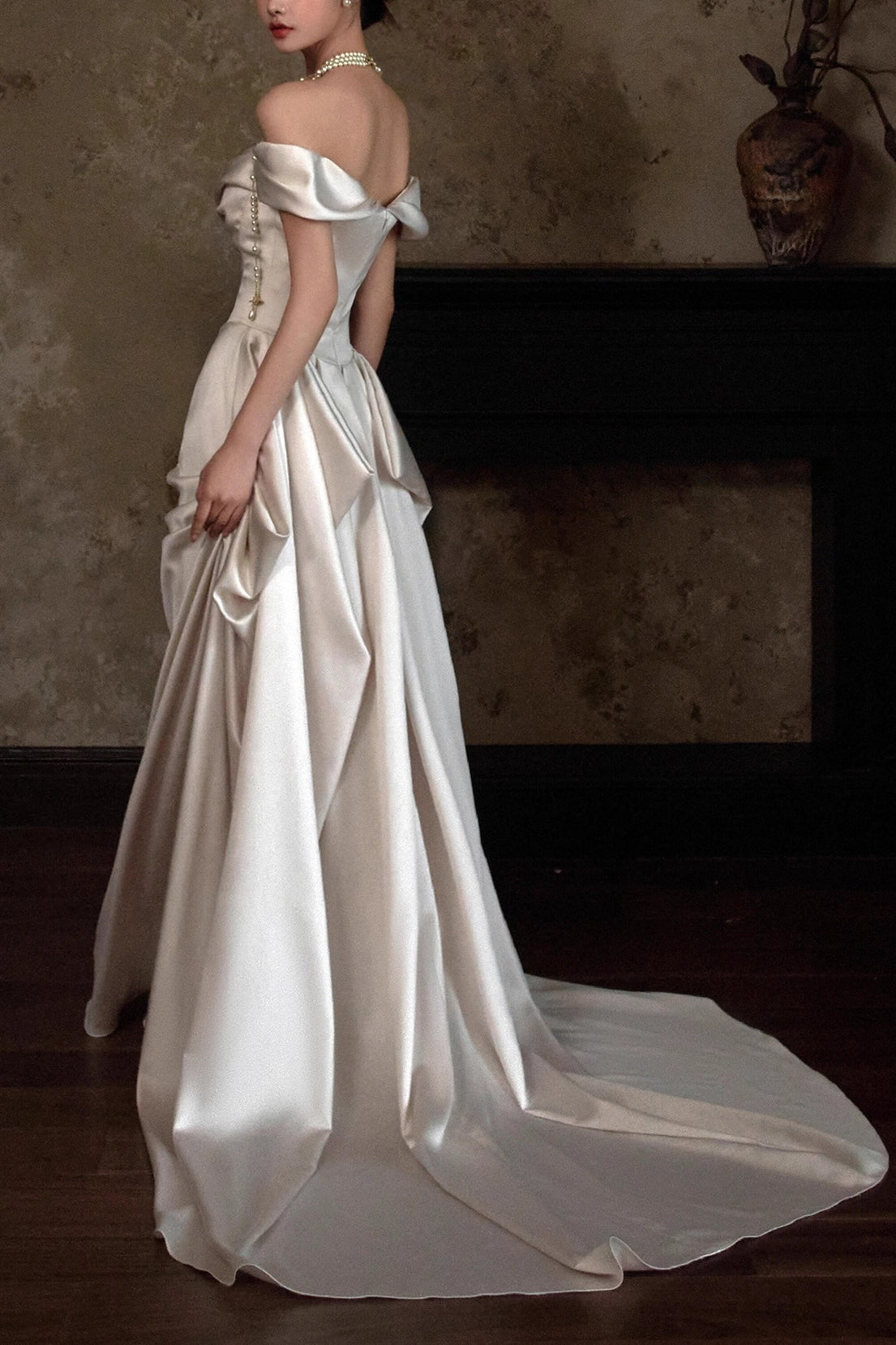 Off Shoulder Satin Train Reception Dress