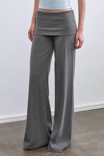 Solid Knit Foldover Waist Flowy Pants