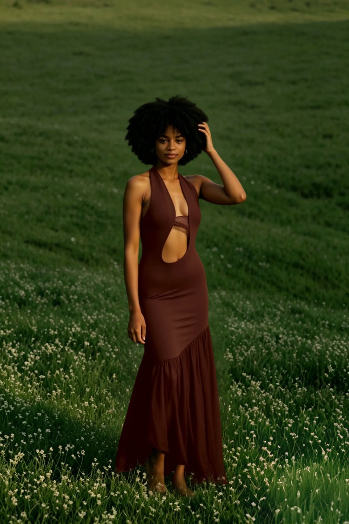 Halter Plunging V Side Cutout Mesh Ruched Maxi Dress