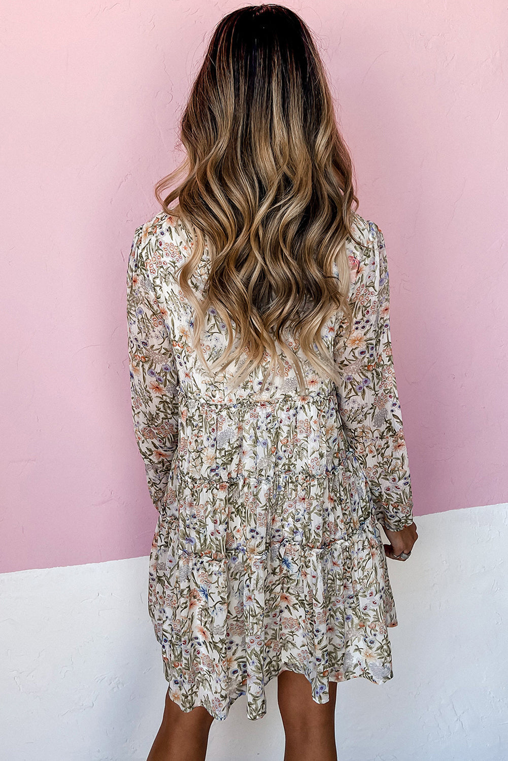 Ditsy Floral Smocked Mock Neck Tiered Ruffle Babydoll Mini Dress
