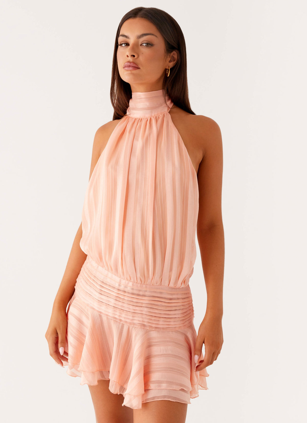 Halter Neck Striped Sheer Pleated Ruffle Tier Mini Dress