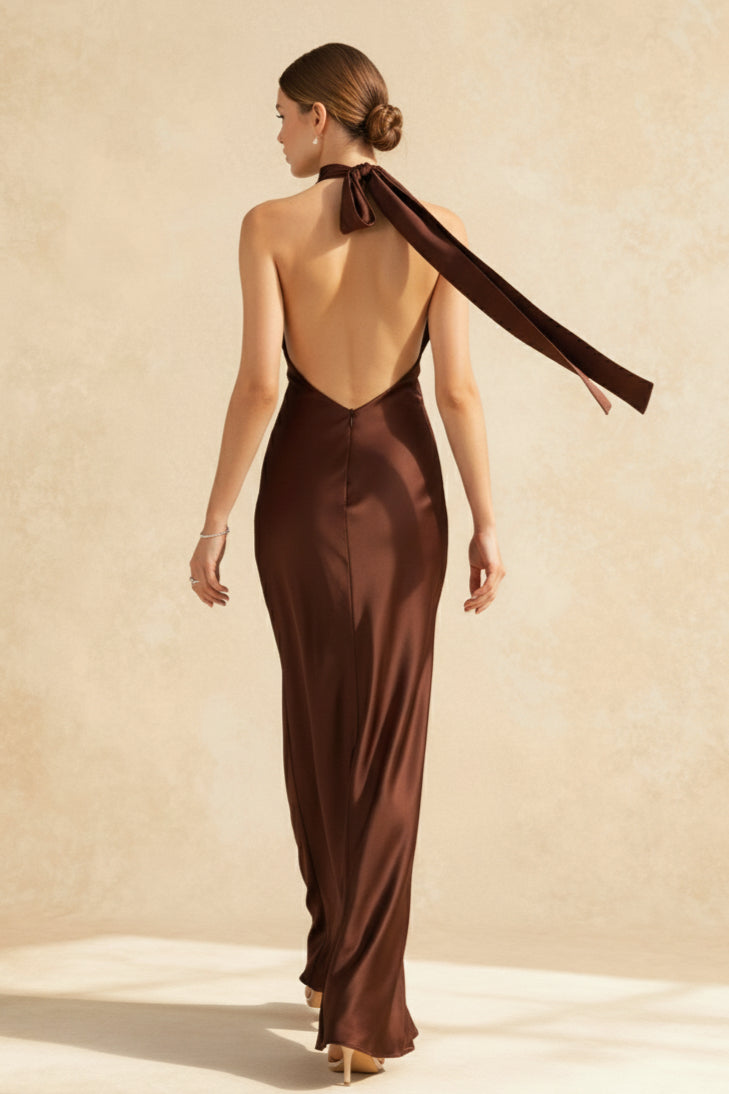 Vintage Solid Satin Backless Maxi Dress