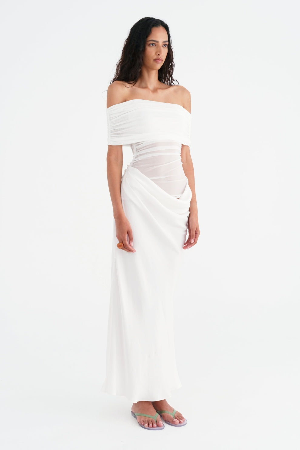 Off Shoulder Ruched Draped Mesh Panel Asymmetric Maxi Gown