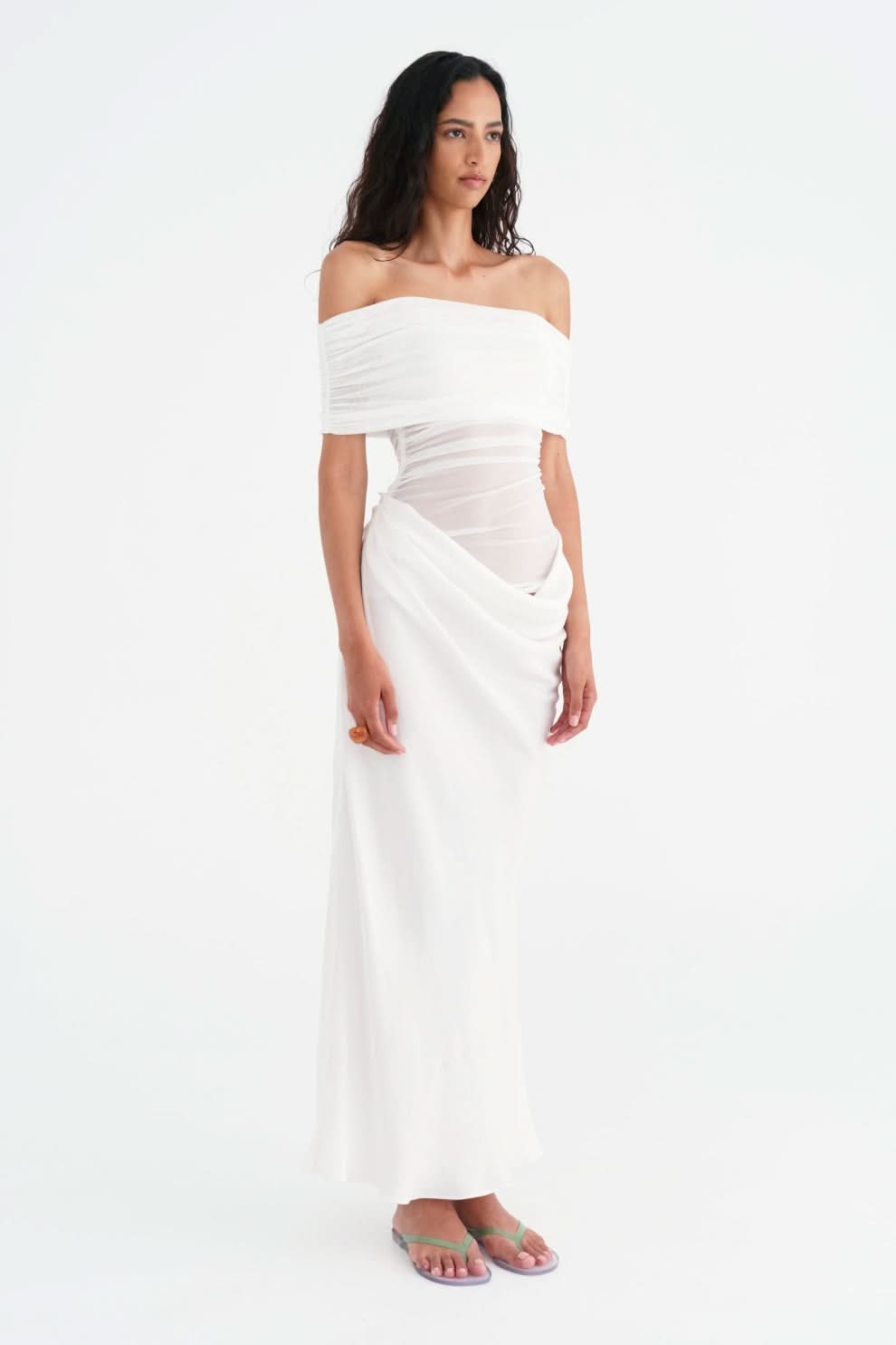 Off Shoulder Sheer Ruched Panel Draped Waist Maxi Gown