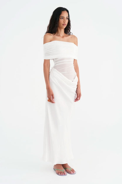 Off Shoulder Sheer Ruched Panel Draped Waist Maxi Gown